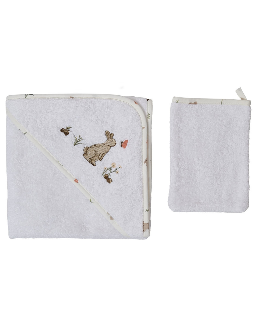 peskir za bebe bele boje cvetnog ruba sa motivom zeca na kapuljaci i rukavicom bele boje sa cvetnim rubom