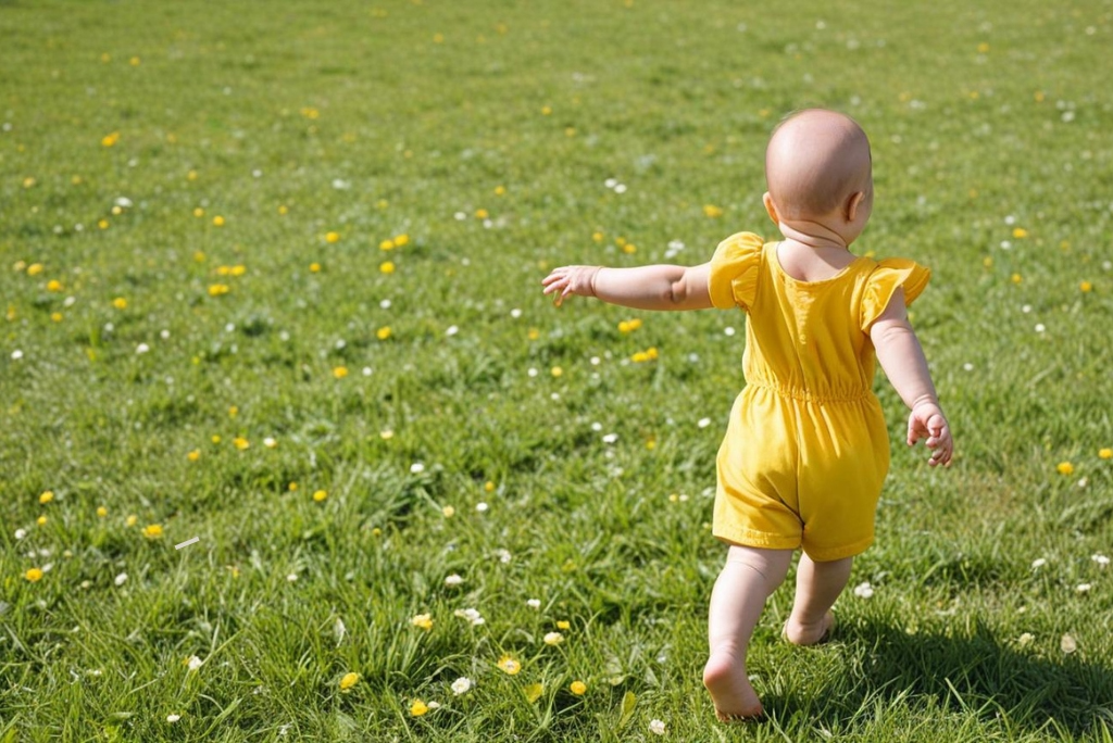 kako oblaciti bebu leti beba u zutom romperu trci po travi