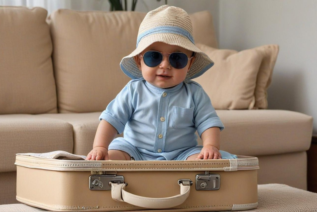 Putovanje sa bebom beba sedi na koferu