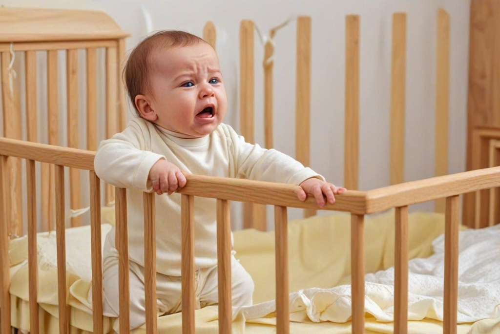 regresija sna kod bebe beba plače naslonjena na ogradu od kreveca