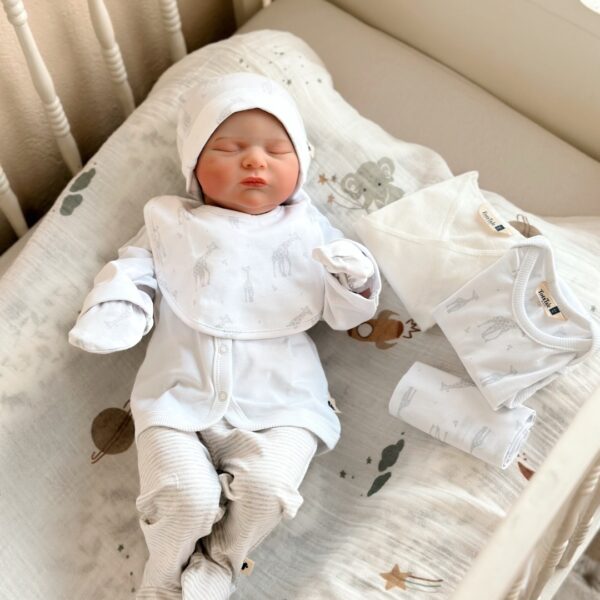 set za iznosenje bebe sa motivom zirafe u kombinaciji bele i sive boje sacinjen od 10 delova , benkica, bluzica dugih rukava na kopčanje, bodić kratkih rukava, pantalonice, kapa, portikla, rukavice, maramica na bebi