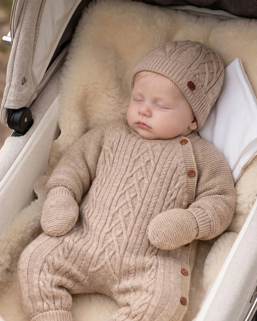Set za iznošenje bebe Mateo 91 (5) set za iznosenje bebe u braon boji od 9 delova, dve zeke, dve kape, carape, rukavice, maramica, cebe i traka za cebe