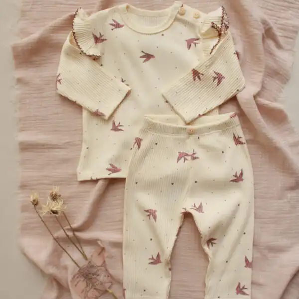 komplet za bebe sa karnerom na ramenima u krem boji i motivom na pticice pink boje