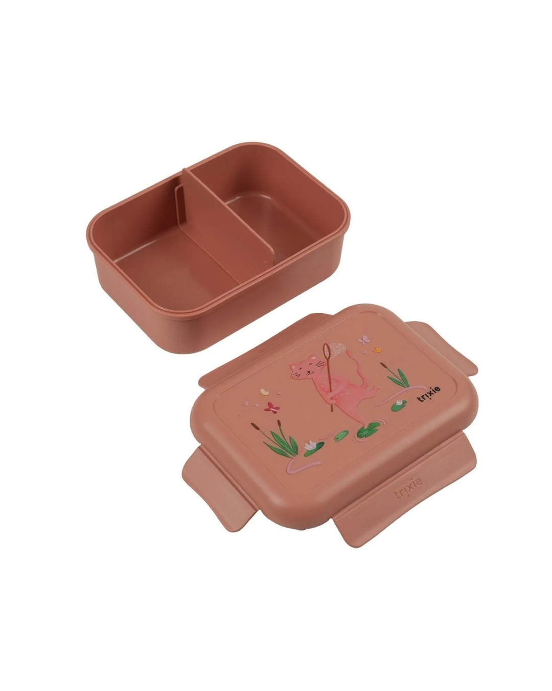trixie-kutija-za-rucak-sa-stipaljkama-maca (2) kutija za rucak u tamno roze boji sa motivom macke koja hvata leptire