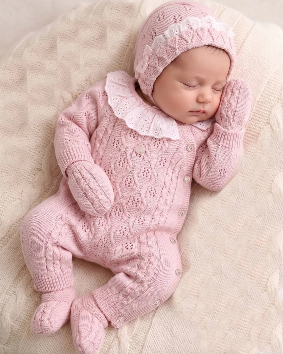 set za bebe u pink boji od 9 delova, dve kapice, dve zeke, pamucna krpica, rukavice, carapice, cebence i traka za vezivanje bebe